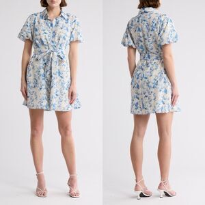 Sam Edelman Floral Embroidered Eyelet Puff Sleeve Mini Shirtdress White Blue, 14